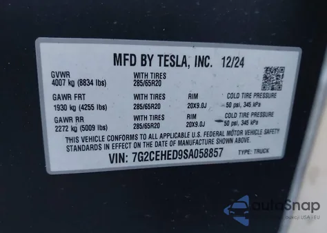 2025 Tesla Cybertruck All-Wheel Drive from USA, damaged, VIN 7G2CEHED9SA058857